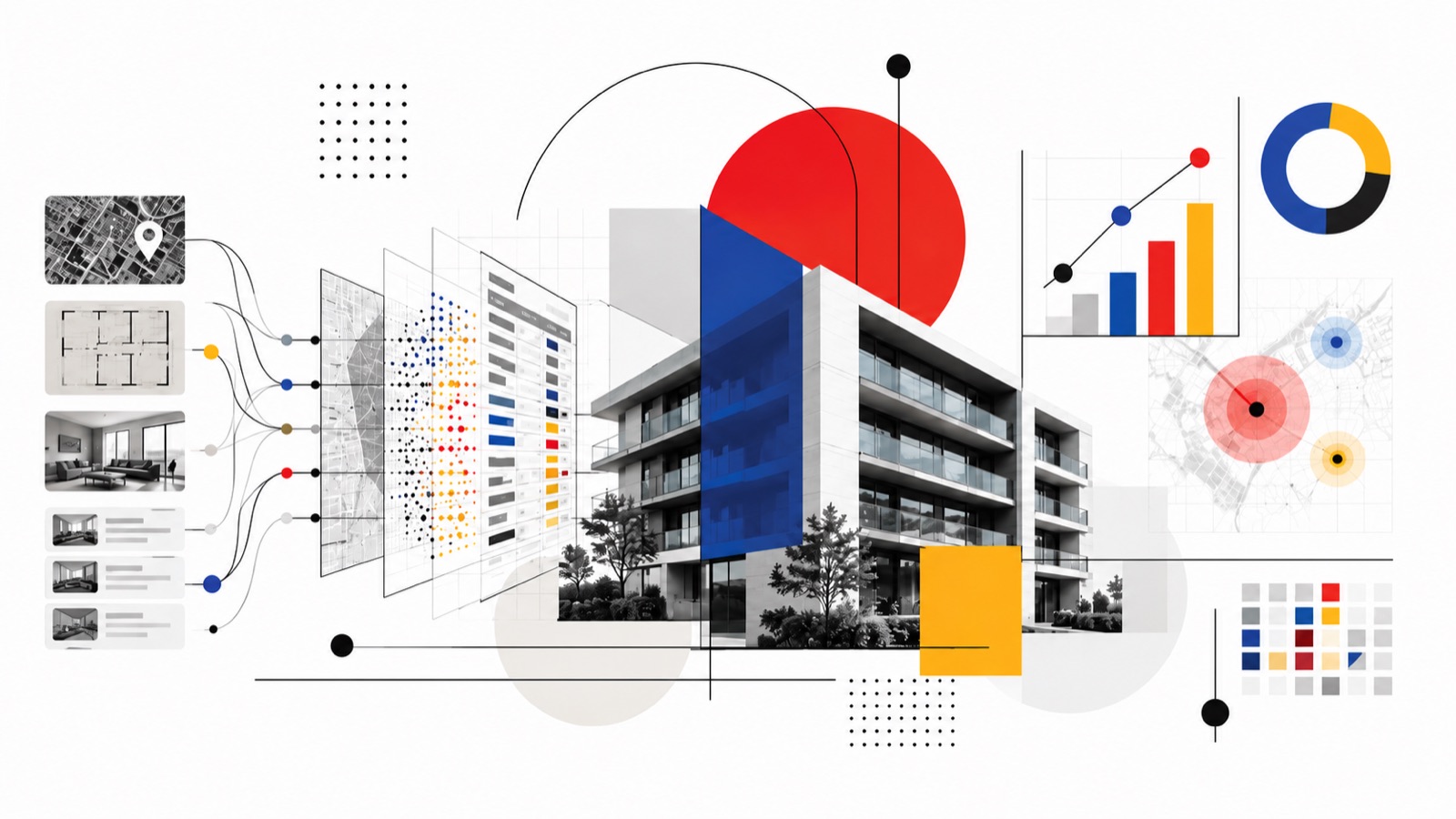 Collage editoriale astratto con archivi frammentati che diventano un patrimonio informativo ordinato